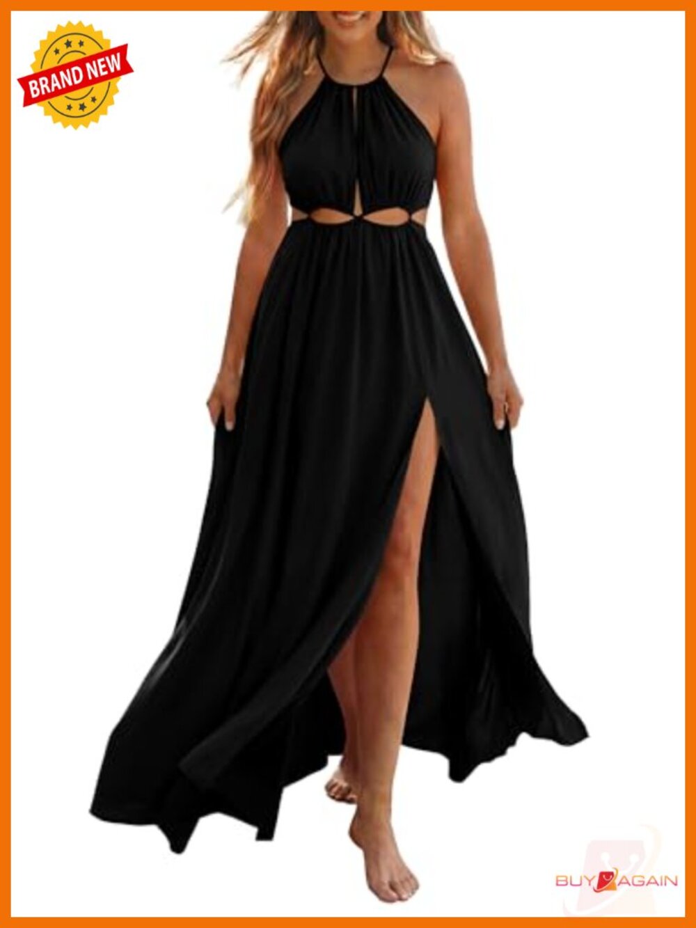 Halter Boho Maxi Dress Sleeveless Cutout Waist Backless A-Line Slit Summer